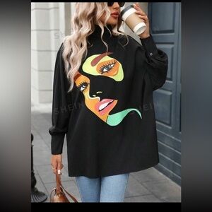 SHEIN LUNE Fall/Winter Abstract Pattern Batwing
Sleeve Mock Neck Blouse US 8/10